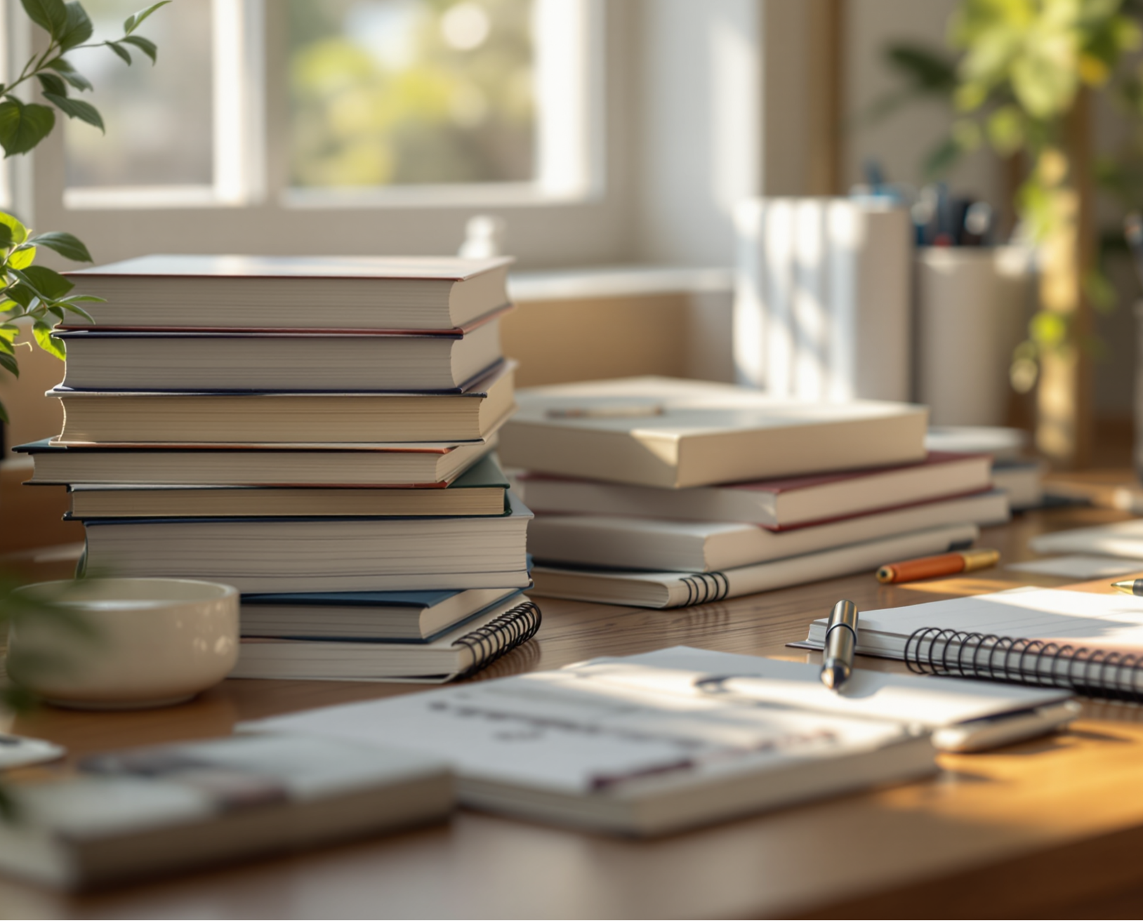 Ilustrační obrázek zobrazující stoh knih a sešitů s perem položeným na stole. Obrázek symbolizuje metodiku výpočtu emisí skleníkových plynů.