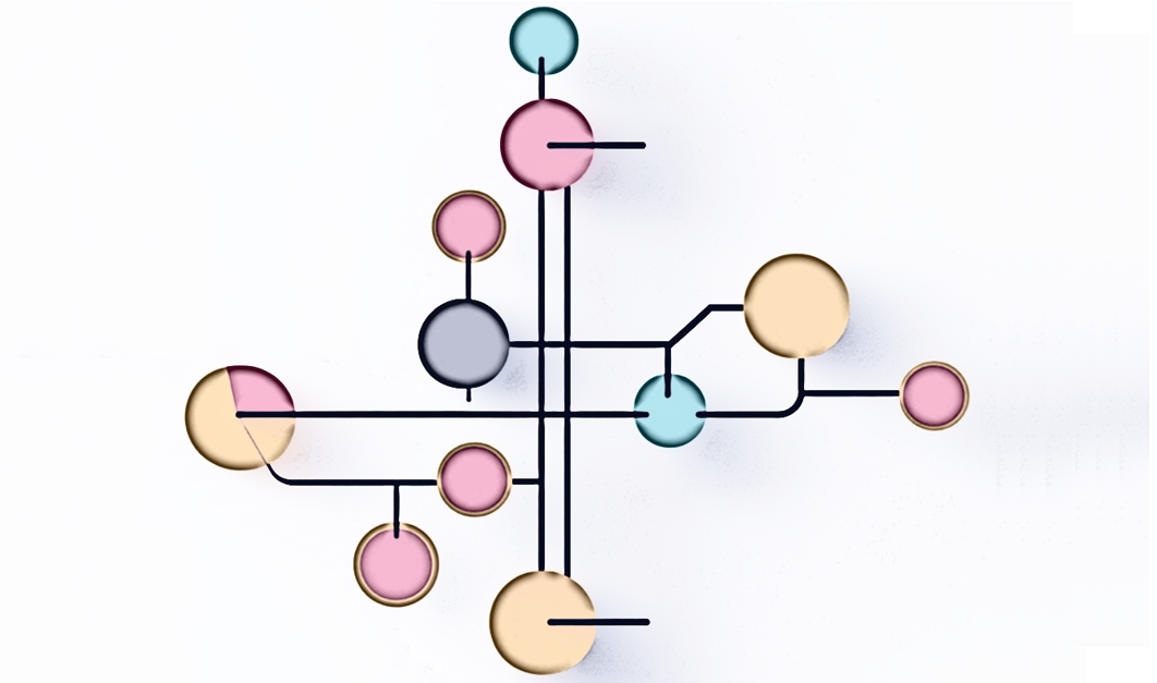 Poloabstraktní schéma znázorňující organizaci, tvořené propojenými body v pastelových barvách, spojenými čarami. Obrázek nemá žádné popisky a působí minimalistickým a estetickým dojmem.