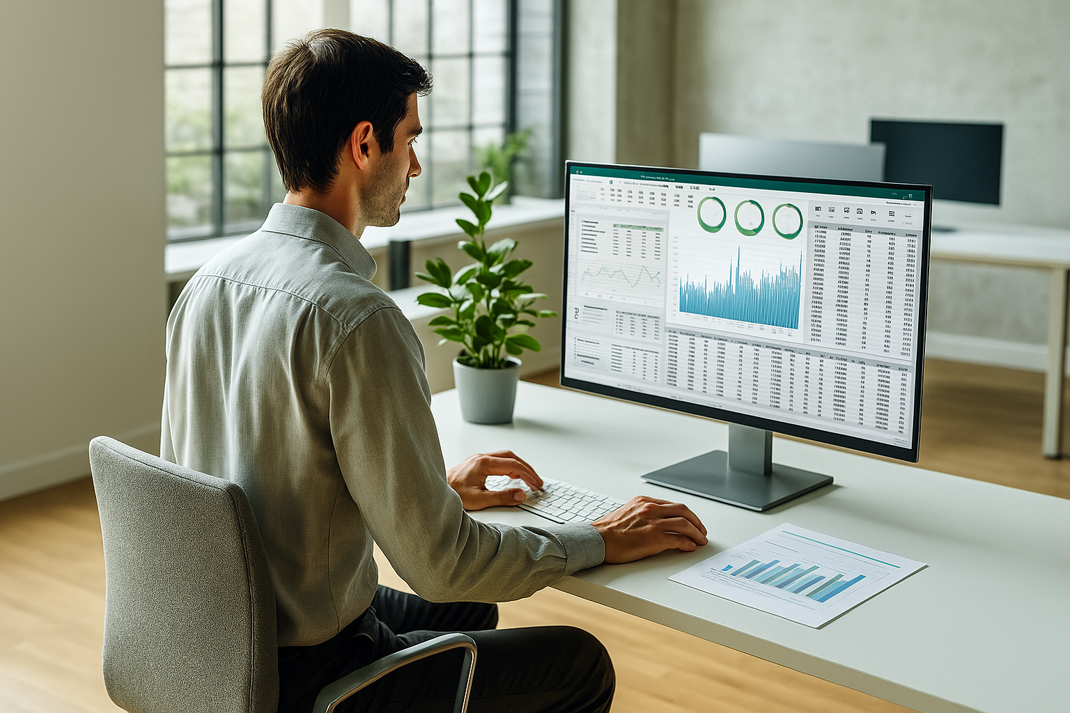 Vědecko-vývojový pracovník sedící u počítače v kanceláři s velkým oknem. Na stole má položený květ v květináči a na monitoru počítače jsou zobrazeny grafy. Obrázek ilustruje aproximativní inventury emisí skleníkových plynů.