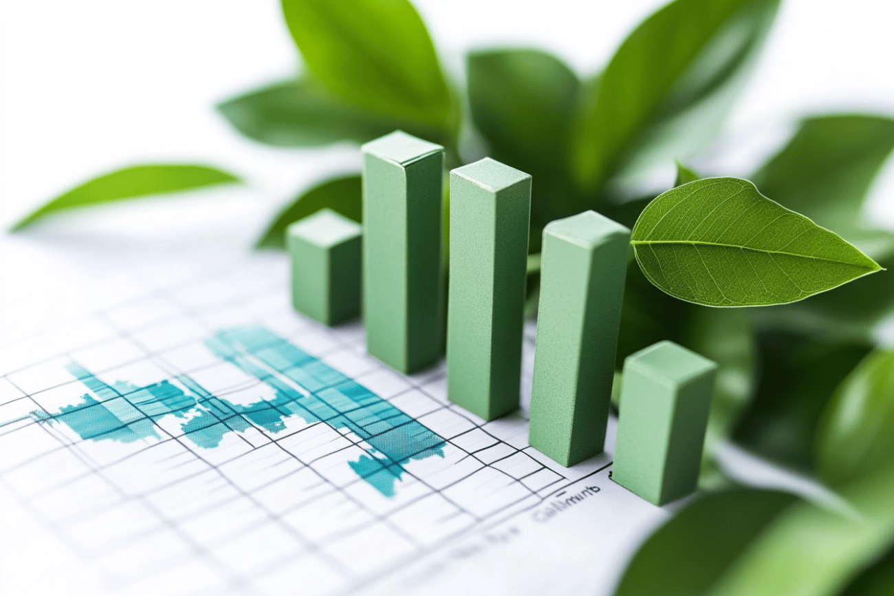 3D sloupcový graf zelené barvy, obklopený listy symbolizujícími životní prostředí. Obrázek znázorňuje projekce emisí skleníkových plynů, tedy prognózy budoucího vývoje emisí.