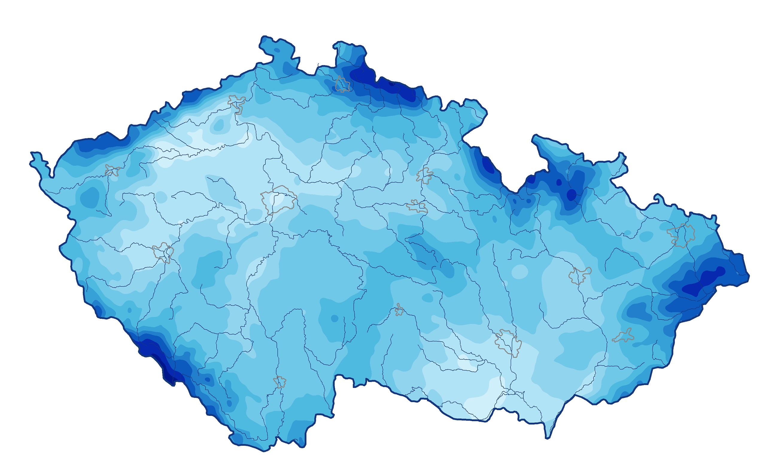 Mapa ČR s rozložením průměrných ročních srážkových úhrnů
