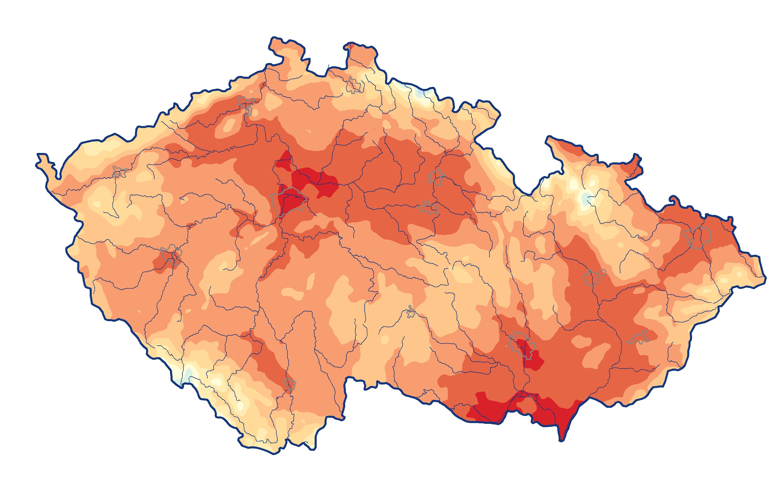 Mapa ČR s rozložením průměrné teploty vzduchu