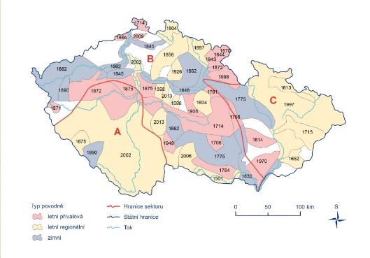 Mapa s extrémními povodňovými případy