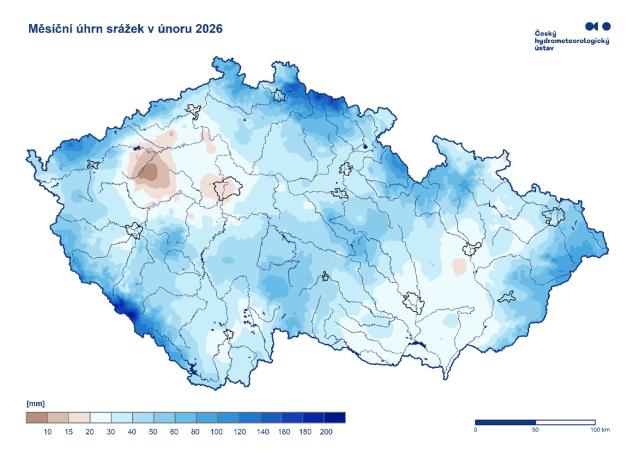 Měsíční úhrn srážek v únoru 2026